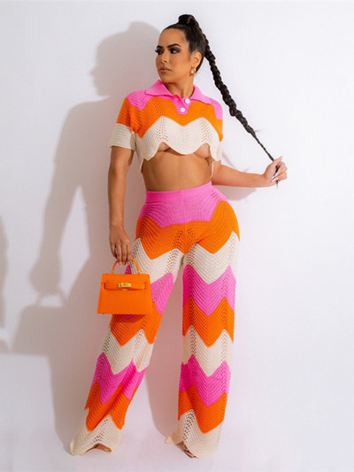 CM.YAYA Croșetat Wave Dunge Două 2 Piese Set Ținute pentru Femei Iarna Toamna 2022 Top cu mâneci scurte și Costum Pantaloni Trening INS