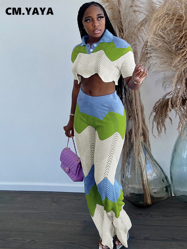 CM.YAYA Croșetat Wave Dunge Două 2 Piese Set Ținute pentru Femei Iarna Toamna 2022 Top cu mâneci scurte și Costum Pantaloni Trening INS