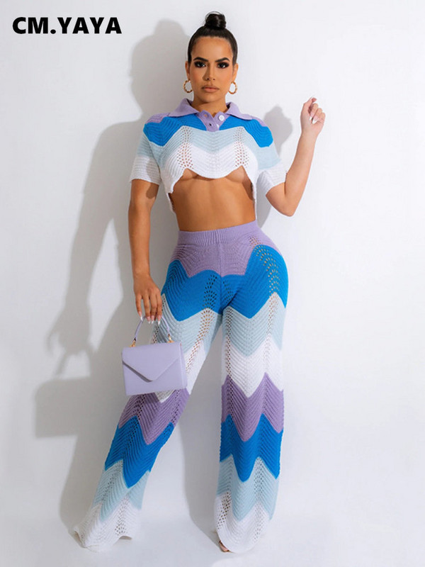 CM.YAYA Croșetat Wave Dunge Două 2 Piese Set Ținute pentru Femei Iarna Toamna 2022 Top cu mâneci scurte și Costum Pantaloni Trening INS