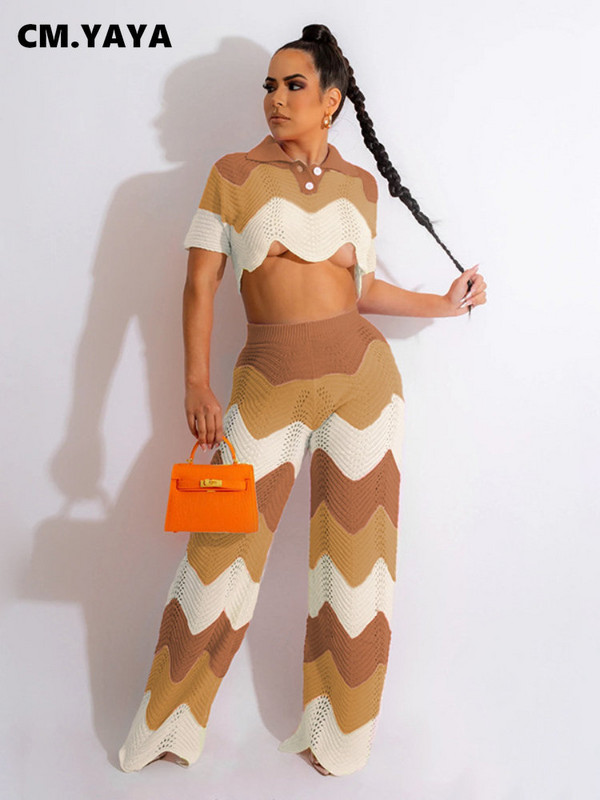 CM.YAYA Croșetat Wave Dunge Două 2 Piese Set Ținute pentru Femei Iarna Toamna 2022 Top cu mâneci scurte și Costum Pantaloni Trening INS
