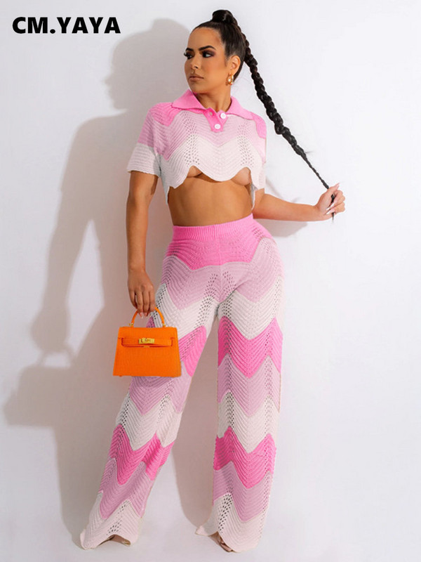CM.YAYA Croșetat Wave Dunge Două 2 Piese Set Ținute pentru Femei Iarna Toamna 2022 Top cu mâneci scurte și Costum Pantaloni Trening INS
