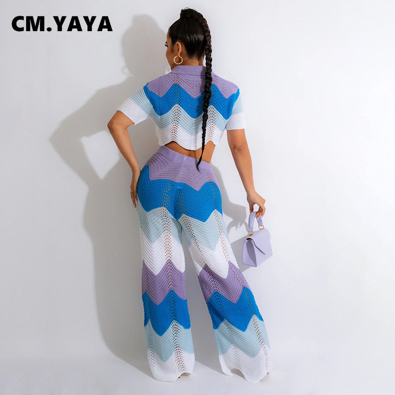 CM.YAYA Croșetat Wave Dunge Două 2 Piese Set Ținute pentru Femei Iarna Toamna 2022 Top cu mâneci scurte și Costum Pantaloni Trening INS