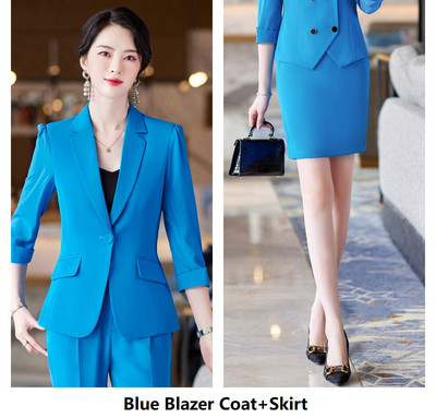 Κομψά μπλε γυναικεία επαγγελματικά κοστούμια Άνοιξη Καλοκαίρι Επίσημα Παντελόνια Ημιμανίκια Γυναικεία Εργασία Γυναικεία Ενδύματα Παντελόνια Σετ 5XL