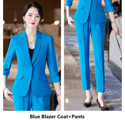 Κομψά μπλε γυναικεία επαγγελματικά κοστούμια Άνοιξη Καλοκαίρι Επίσημα Παντελόνια Ημιμανίκια Γυναικεία Εργασία Γυναικεία Ενδύματα Παντελόνια Σετ 5XL