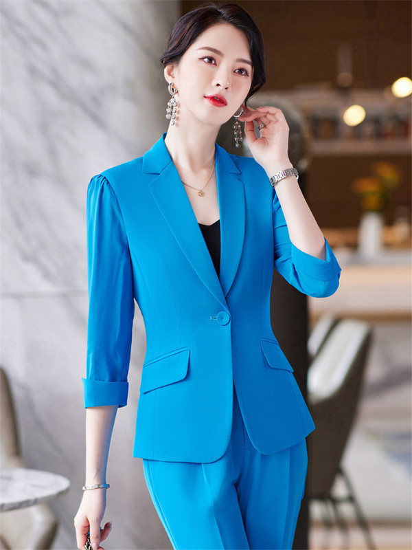 Κομψά μπλε γυναικεία επαγγελματικά κοστούμια Άνοιξη Καλοκαίρι Επίσημα Παντελόνια Ημιμανίκια Γυναικεία Εργασία Γυναικεία Ενδύματα Παντελόνια Σετ 5XL