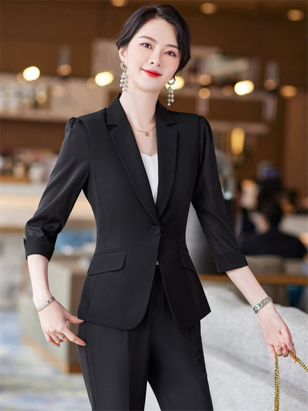 Κομψά μπλε γυναικεία επαγγελματικά κοστούμια Άνοιξη Καλοκαίρι Επίσημα Παντελόνια Ημιμανίκια Γυναικεία Εργασία Γυναικεία Ενδύματα Παντελόνια Σετ 5XL