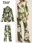 TRAF 2023 2 Τεμάχια Γυναικεία Σετ φόρεμα με φιόγκο μπλέιζερ Office Lady print Jacket+ Παντελόνι φαρδύ μακρυμάνικο παντελόνι