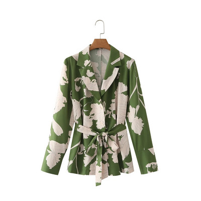 TRAF 2023 2 Τεμάχια Γυναικεία Σετ φόρεμα με φιόγκο μπλέιζερ Office Lady print Jacket+ Παντελόνι φαρδύ μακρυμάνικο παντελόνι