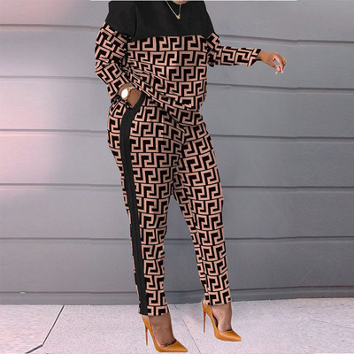 2022, toamnă, imprimeu, pantaloni, costum pentru femei, cu mânecă lungă, cu buzunar, pentru femei, set în două piese, pantaloni largi, mozaic, ținute