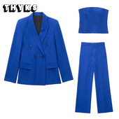 Γυναικείες φόρμες 2022 Spring Traf Blazer OL Μπλε μπουφάν + μακρύ παντελόνι 2 τεμαχίων Επίσημο σετ Za Co Ord Κομψά επαγγελματικά ρούχα
