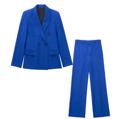 Γυναικείες φόρμες 2022 Spring Traf Blazer OL Μπλε μπουφάν + μακρύ παντελόνι 2 τεμαχίων Επίσημο σετ Za Co Ord Κομψά επαγγελματικά ρούχα