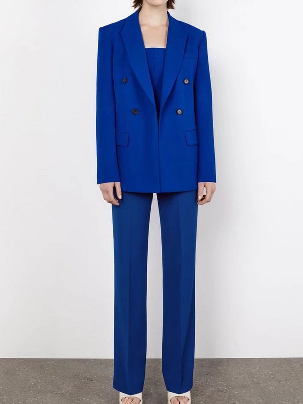 Γυναικείες φόρμες 2022 Spring Traf Blazer OL Μπλε μπουφάν + μακρύ παντελόνι 2 τεμαχίων Επίσημο σετ Za Co Ord Κομψά επαγγελματικά ρούχα