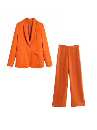 Costum pantaloni de dama portocaliu Seturi elegante de dama Blazer cu un nasture Pantaloni lati Costumul de dama cu pantaloni Offce Seturi de imbracaminte de lucru