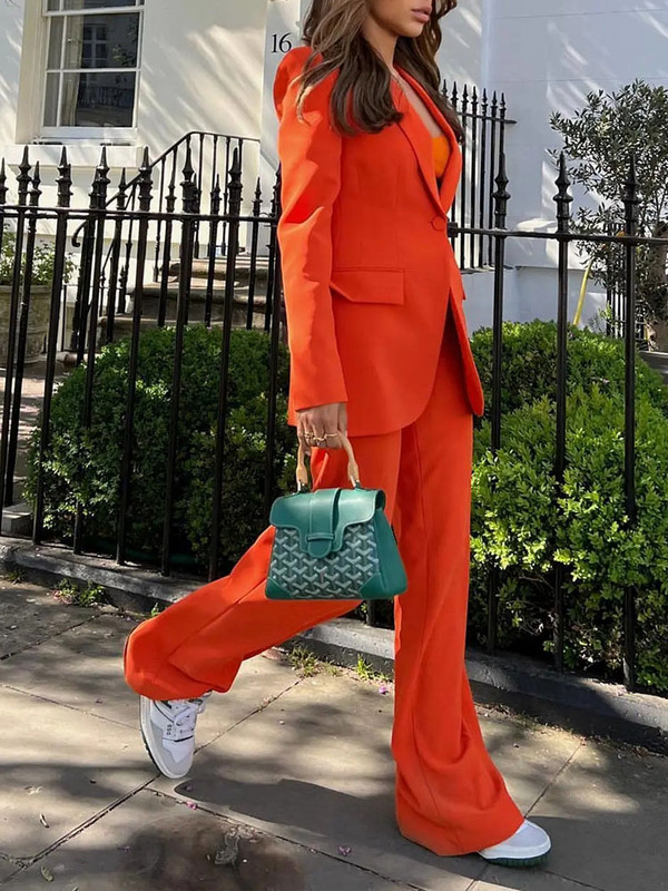 Costum pantaloni de dama portocaliu Seturi elegante de dama Blazer cu un nasture Pantaloni lati Costumul de dama cu pantaloni Offce Seturi de imbracaminte de lucru