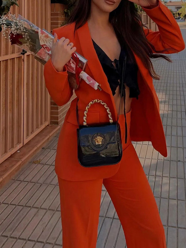 Costum pantaloni de dama portocaliu Seturi elegante de dama Blazer cu un nasture Pantaloni lati Costumul de dama cu pantaloni Offce Seturi de imbracaminte de lucru