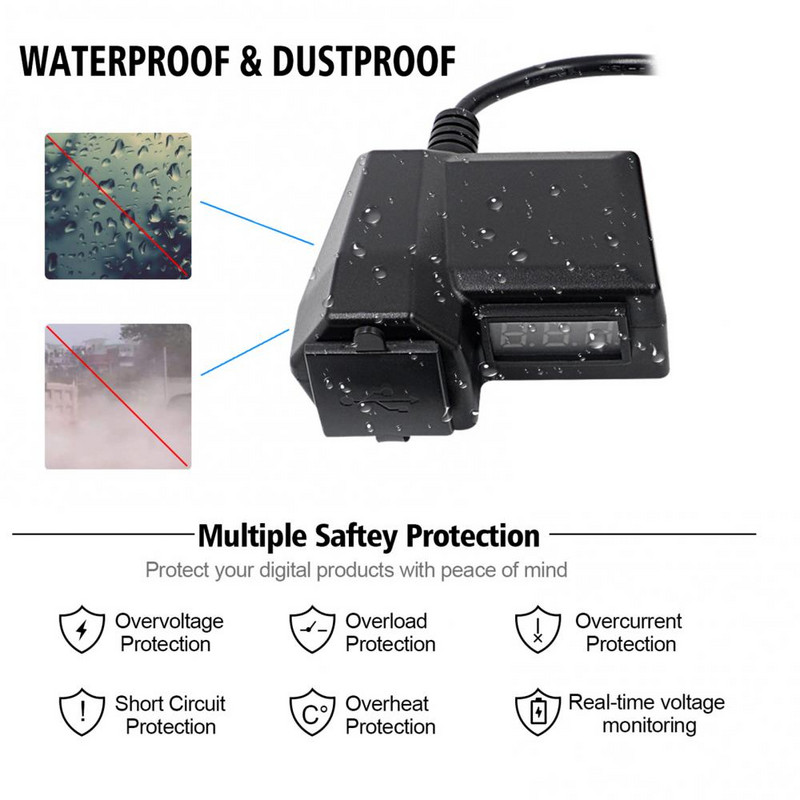 55% καυτές εκπτώσεις!!! Πολυλειτουργικός προσαρμογέας φορτιστή κινητού τηλεφώνου διπλού USB με βολτόμετρο μοτοσυκλέτας