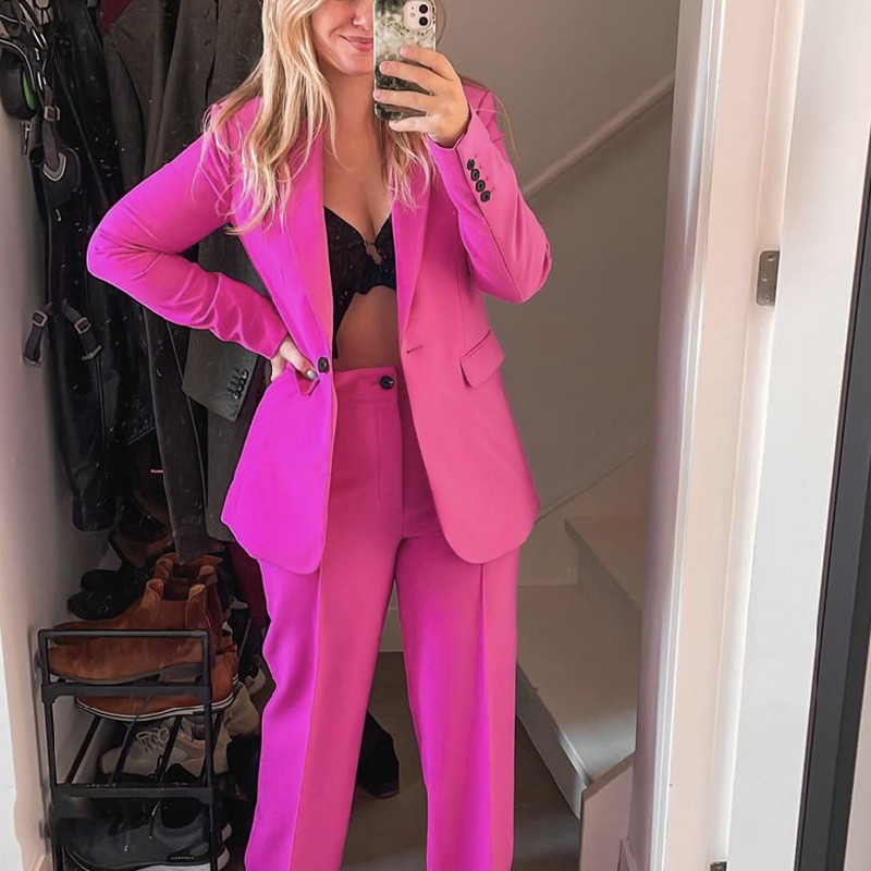 Costumul Blazer Roșu Roes Elegant Femeie 2022 Moda de primăvară Femeie Seturi asortate drepte solide pentru dama Blazer de bază șic Costume