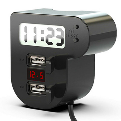 Motocikla ātrās uzlādes Dual USB 5V 3.1A/1.5A lādētājs Motocikla digitālais pulkstenis LED voltmetrs Ūdensizturīgs USB vāciņa piederumi