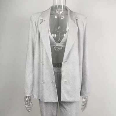 Fatika Costume Femei Ținute Blazer strălucitor + Pantaloni elastici cu talie înaltă cu picioare largi Seturi 2 piese Toamna Primăvară