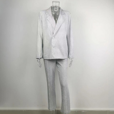 Fatika Costume Femei Ținute Blazer strălucitor + Pantaloni elastici cu talie înaltă cu picioare largi Seturi 2 piese Toamna Primăvară
