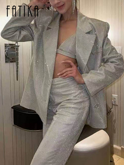 Fatika Дамски костюми Тоалети Блестящ блейзър + Еластичен широк панталон с висока талия Комплекти от 2 части Есен Пролет