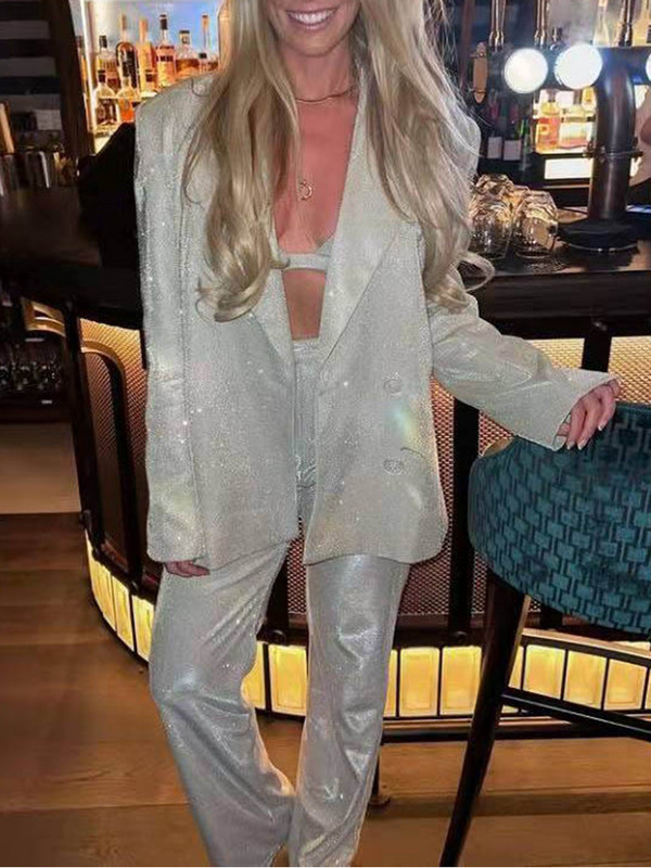 Fatika Costume Femei Ținute Blazer strălucitor + Pantaloni elastici cu talie înaltă cu picioare largi Seturi 2 piese Toamna Primăvară