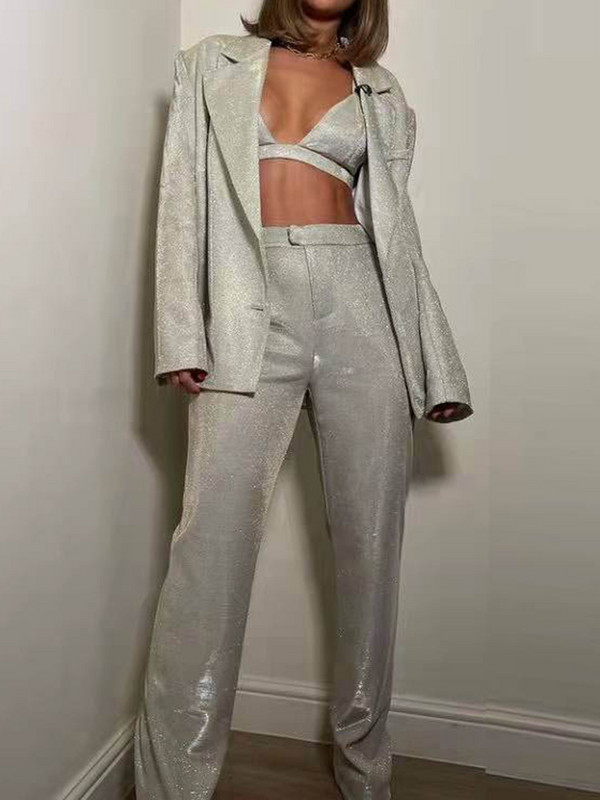 Fatika Costume Femei Ținute Blazer strălucitor + Pantaloni elastici cu talie înaltă cu picioare largi Seturi 2 piese Toamna Primăvară