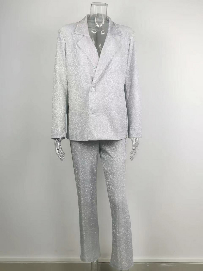 Fatika Costume Femei Ținute Blazer strălucitor + Pantaloni elastici cu talie înaltă cu picioare largi Seturi 2 piese Toamna Primăvară