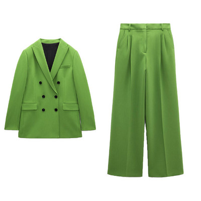 Άνοιξη 2022 νέα γυναικεία μόδα all-match με διπλό στήθος slim-fit casual blazer και μεσομεσαία κοστούμι παντελόνι και παντελόνι με φαρδιά πόδια