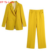 FP To Love Woman, säravkollased bleiserid, vintage stiilne nööp 2022SS, kevadsügis, daam, uued laia säärega püksid, kuldsed komplektid