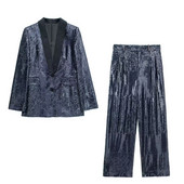 Ανοιξιάτικο φθινόπωρο γυναικεία μπλε παγιέτα μακρυμάνικο φαρδύ κοστούμι σακάκι ψηλόμεση παγιέτα φαρδύ παντελόνι Κοστούμι μόδας High Street Style
