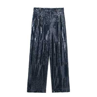 Ανοιξιάτικο φθινόπωρο γυναικεία μπλε παγιέτα μακρυμάνικο φαρδύ κοστούμι σακάκι ψηλόμεση παγιέτα φαρδύ παντελόνι Κοστούμι μόδας High Street Style