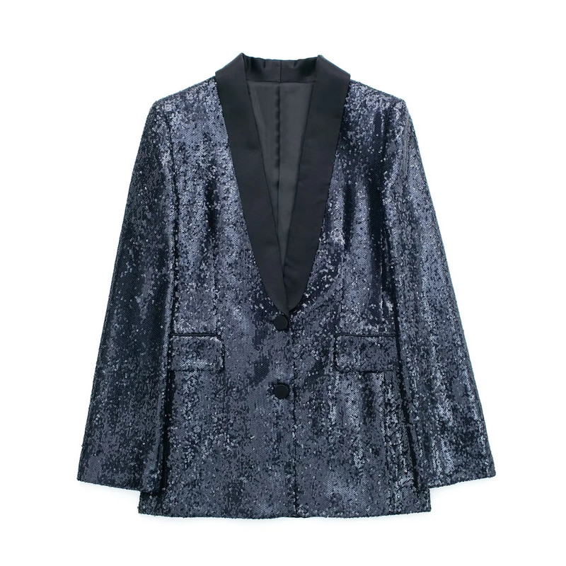 Ανοιξιάτικο φθινόπωρο γυναικεία μπλε παγιέτα μακρυμάνικο φαρδύ κοστούμι σακάκι ψηλόμεση παγιέτα φαρδύ παντελόνι Κοστούμι μόδας High Street Style