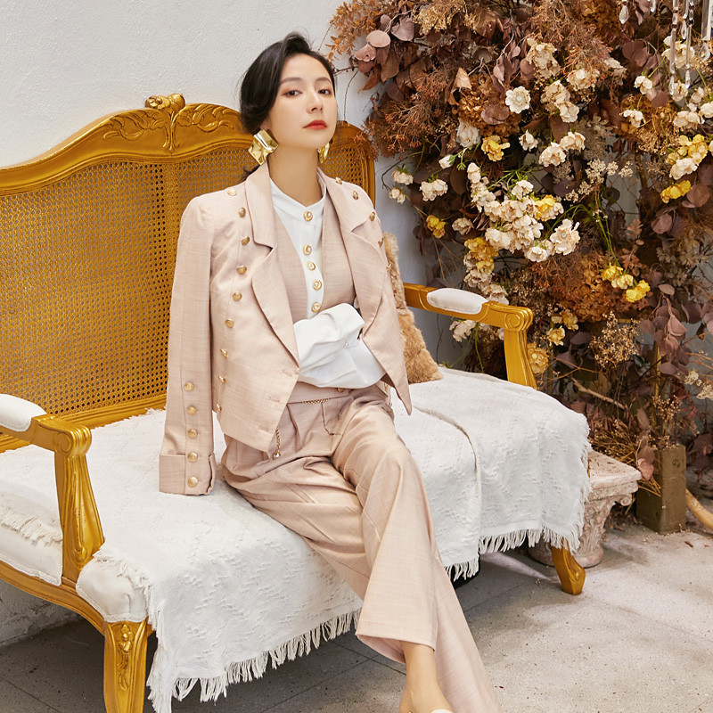 AKSAYA Γυναικείο σετ τριών τεμαχίων Ουδέτερο όμορφο κοστούμι Βρετανικό vintage στυλ Παντελόνι Δημοφιλή κομψά ρούχα Μπλούζα κοντά κοστούμια