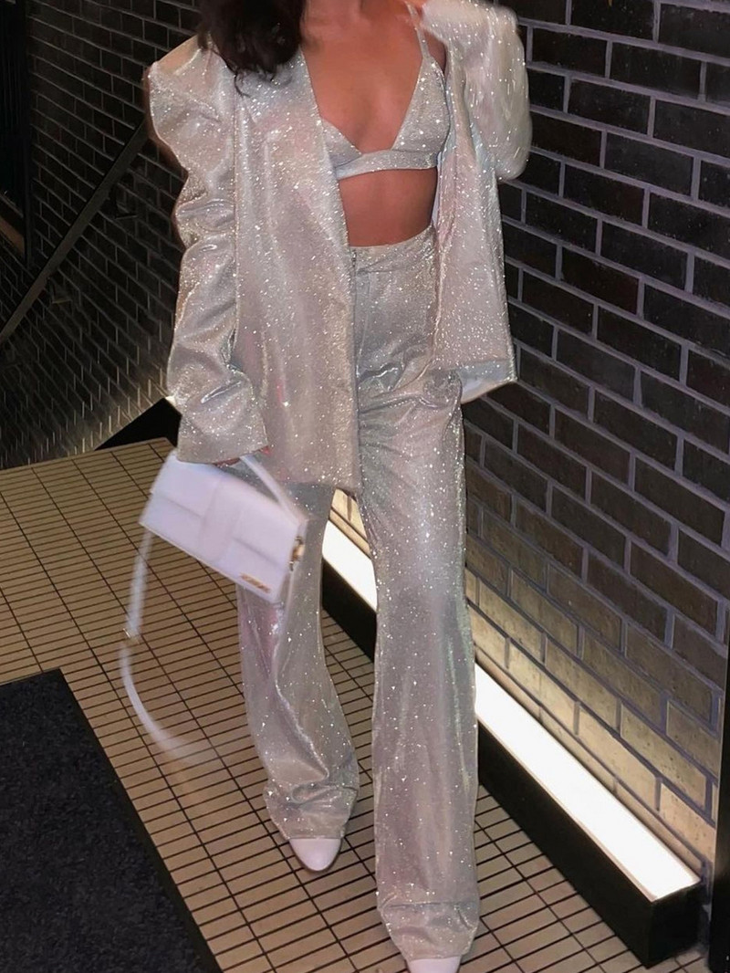 Yanueun Shinny sieviešu žakešu kostīmi, seksīgs krūšturis + mētelis ar vienu iecirtumu + taisnas bikses ar augstu vidukli