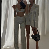 Seksikas Glitter varrukateta Crop Top rinnahoidja kaheosaline püksikomplekt naiste suvebleiseri kõrge vöökohaga pükste komplekt Bodyconi sirged pükskostüümid