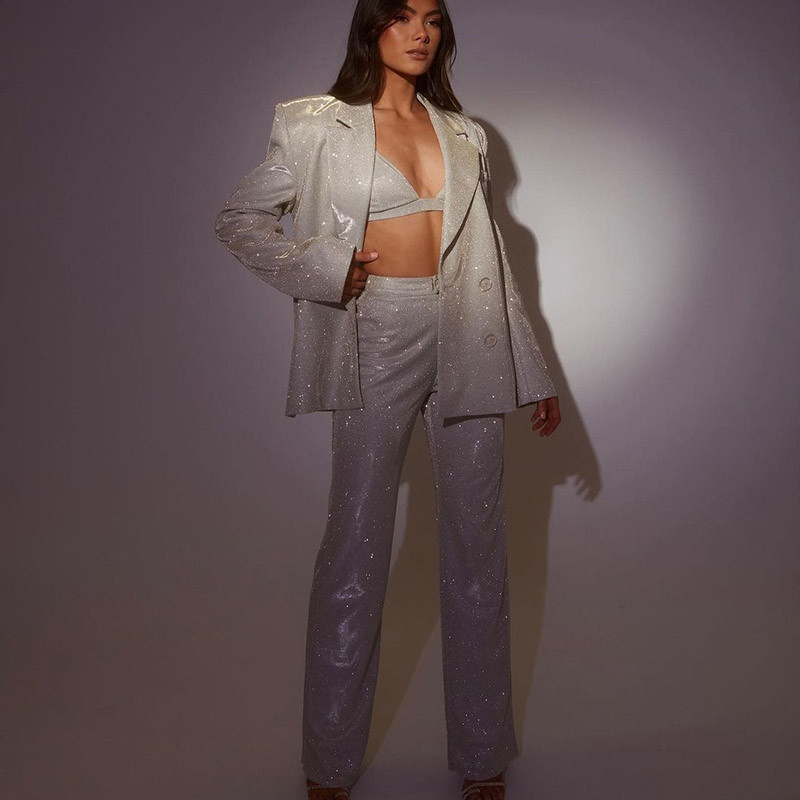 Seksikas Glitter varrukateta Crop Top rinnahoidja kaheosaline püksikomplekt naiste suvebleiseri kõrge vöökohaga pükste komplekt Bodyconi sirged pükskostüümid