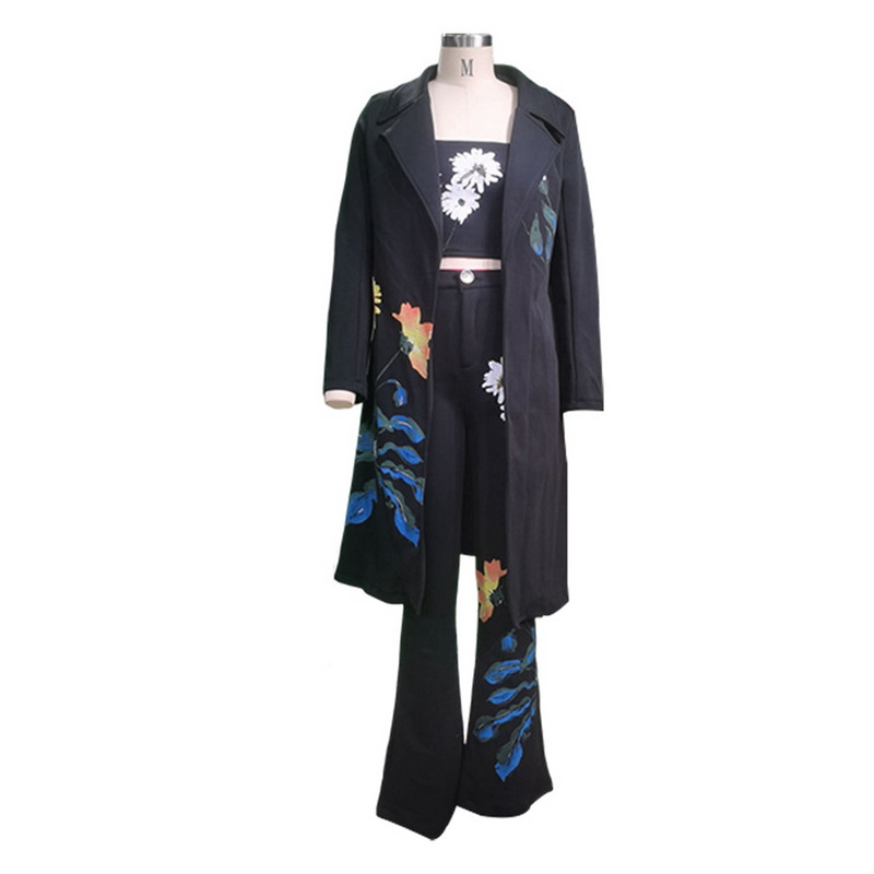 Moda damă cu imprimeu floral cu mânecă lungă cusătură deschisă pantaloni trench Seturi de costum cu rezervor haină elegantă pentru femei Seturi de pantaloni Streetwear