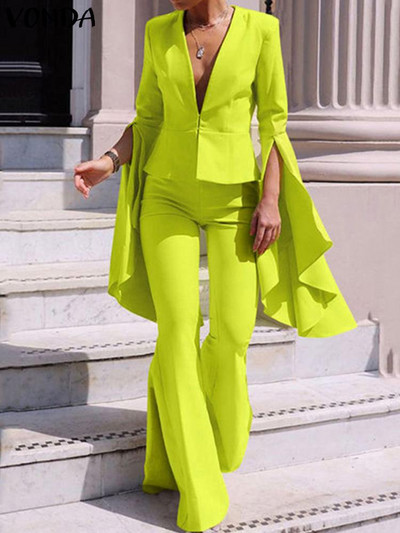 2022. aasta VONDA elegantsed naiste pikkade pükste komplektid. Moodsad, välguvarrukatega, V-kaelusega ülaosad ja püksirihmad lahtised vabaaja ühevärvilised peoülikonnad