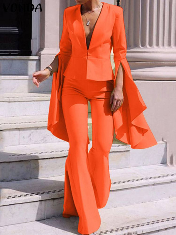 2022. aasta VONDA elegantsed naiste pikkade pükste komplektid. Moodsad, välguvarrukatega, V-kaelusega ülaosad ja püksirihmad lahtised vabaaja ühevärvilised peoülikonnad