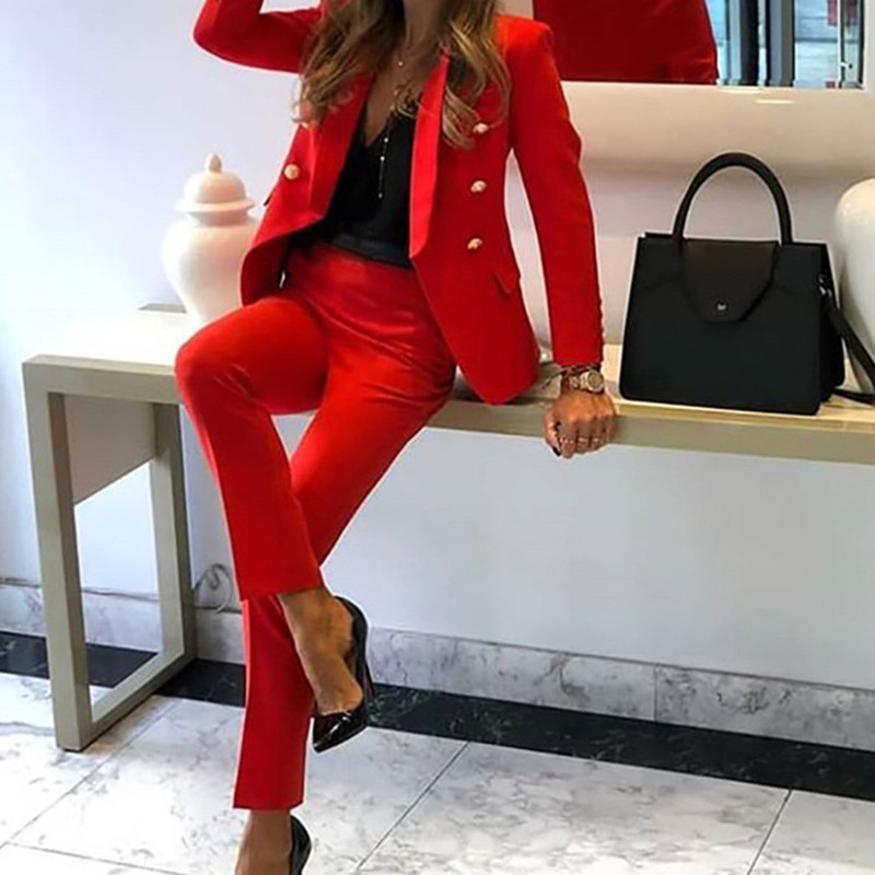 Nauji moteriški švarkelių komplektai, madingi ploni biuro oficialūs biuro kostiumai ilgomis rankovėmis vienspalviai švarkeliai, verslo kostiumai