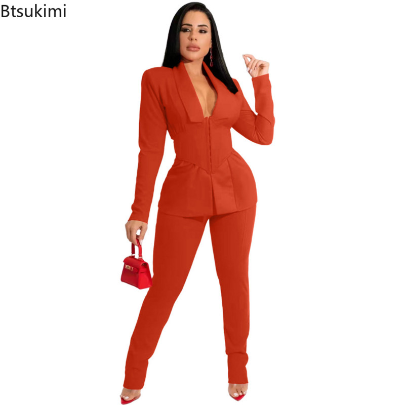 Νέο 2023 Γυναικεία επίσημα σετ γραφείου 2 τεμαχίων Γυναικεία ρούχα Κορσέ μπλέιζερ παλτό και παντελόνι μολύβι κοστούμι εργασίας ασορτί σετ στολή