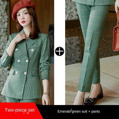 Costum de birou de înaltă calitate pentru femei de mărime mare Îmbrăcăminte de afaceri de iarnă pentru femei în carouri Blazer pentru damă Pantaloni cu talie înaltă