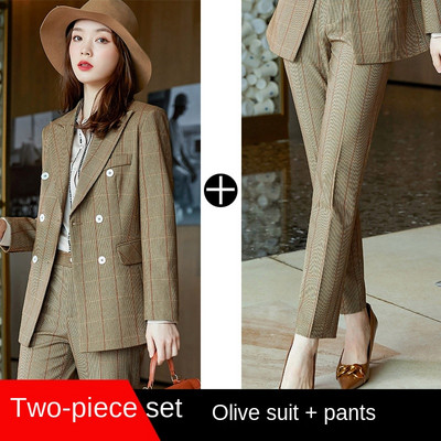 Costum de birou de înaltă calitate pentru femei de mărime mare Îmbrăcăminte de afaceri de iarnă pentru femei în carouri Blazer pentru damă Pantaloni cu talie înaltă