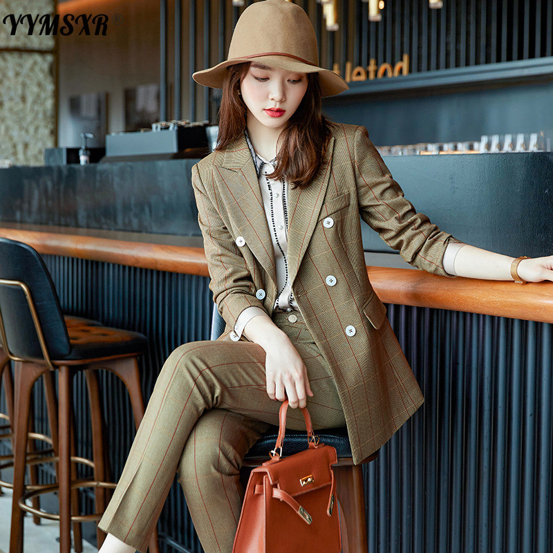 Costum de birou de înaltă calitate pentru femei de mărime mare Îmbrăcăminte de afaceri de iarnă pentru femei în carouri Blazer pentru damă Pantaloni cu talie înaltă