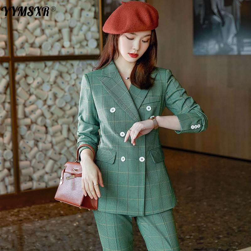 Costum de birou de înaltă calitate pentru femei de mărime mare Îmbrăcăminte de afaceri de iarnă pentru femei în carouri Blazer pentru damă Pantaloni cu talie înaltă