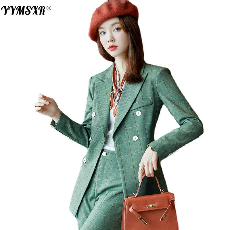 Costum de birou de înaltă calitate pentru femei de mărime mare Îmbrăcăminte de afaceri de iarnă pentru femei în carouri Blazer pentru damă Pantaloni cu talie înaltă