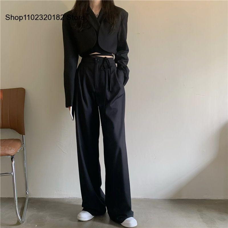 Femei Sexy New Crop Blazer Jachetă Pantaloni cu talie înaltă Costume Pantaloni cu picioare largi Tinuta Set 2 piese Moda pentru femeie de vară