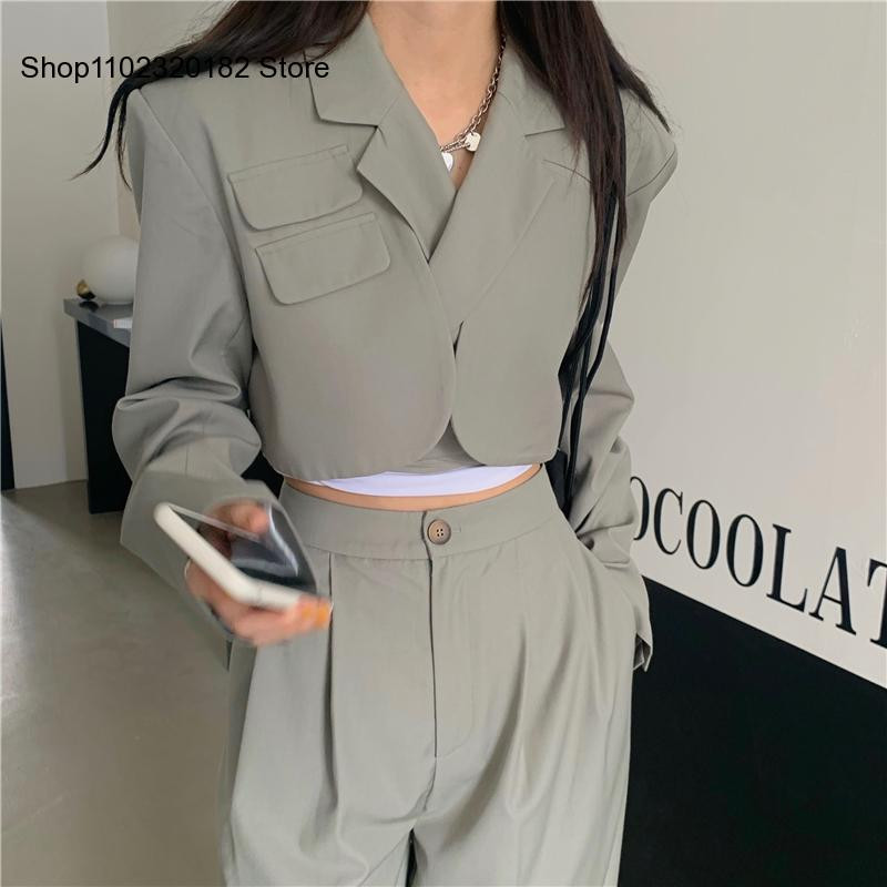 Femei Sexy New Crop Blazer Jachetă Pantaloni cu talie înaltă Costume Pantaloni cu picioare largi Tinuta Set 2 piese Moda pentru femeie de vară