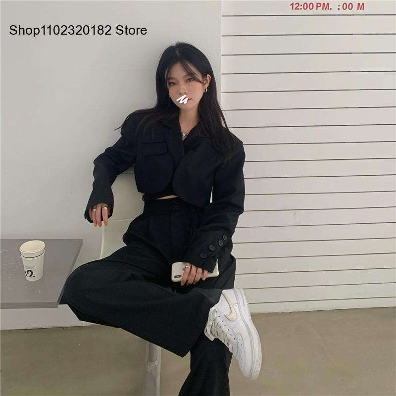 Femei Sexy New Crop Blazer Jachetă Pantaloni cu talie înaltă Costume Pantaloni cu picioare largi Tinuta Set 2 piese Moda pentru femeie de vară